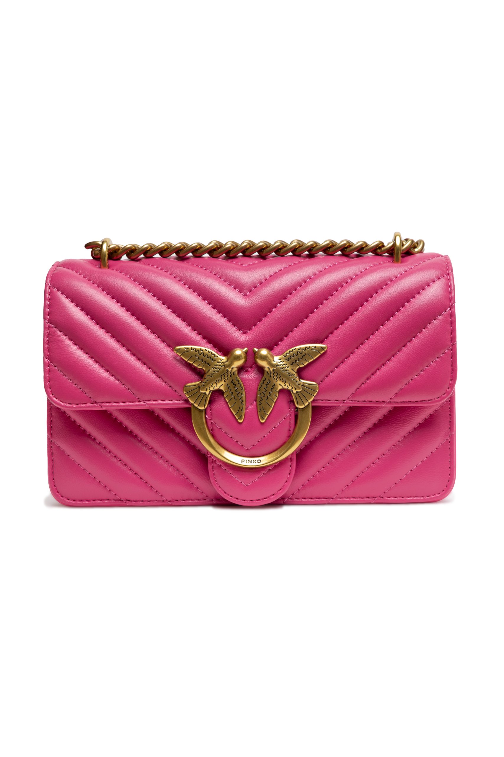 PINKO rožinė odinė rankinė per petį „Love One Mini“ PINKO rožinė odinė rankinė per petį „Love One Mini“