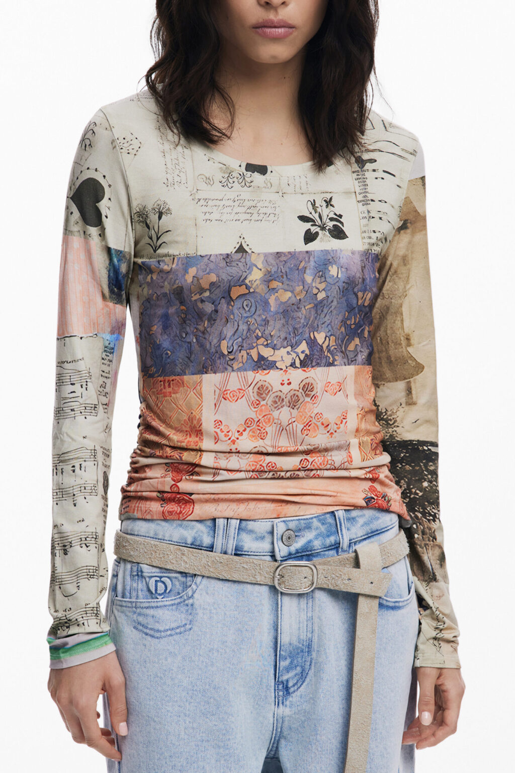 desigualt-shirtmanichelunghedonnabeige_1 DESIGUAL moteriški marškinėliai ilgomis rankovėmis, smėlio spalvos